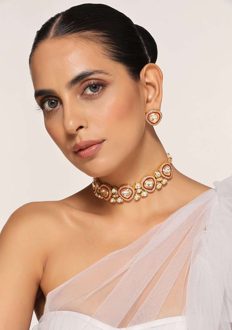 Red Gold Tone Polki Kundan Necklace And Stud Earrings Set - Indya