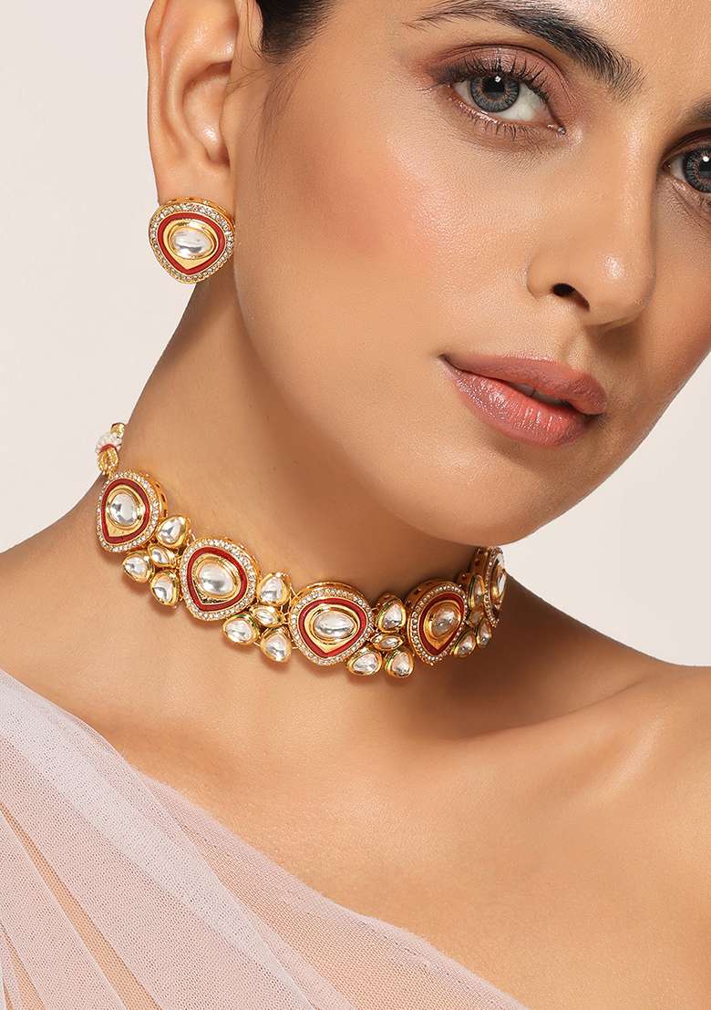 Red Gold Tone Polki Kundan Necklace And Stud Earrings Set - Indya