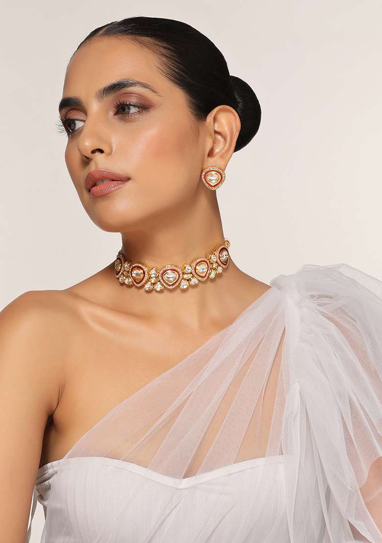 Red Gold Tone Polki Kundan Necklace And Stud Earrings Set - Indya