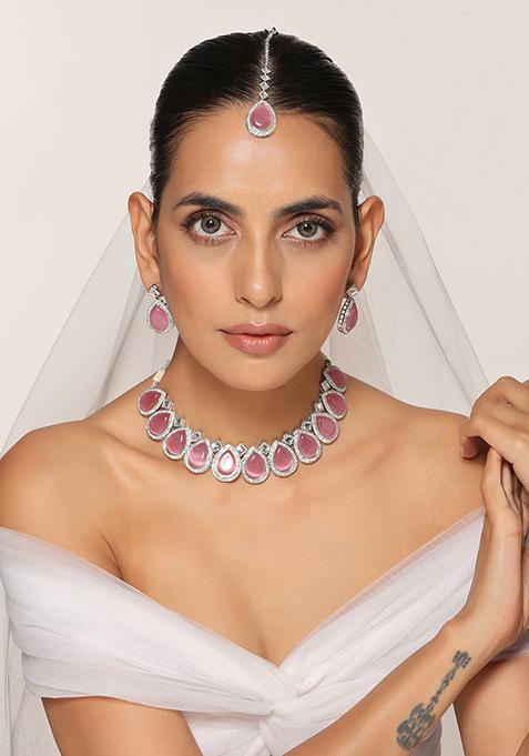 Pink Silver Tone Zirconia Necklace And Earrings Set With Maangtika