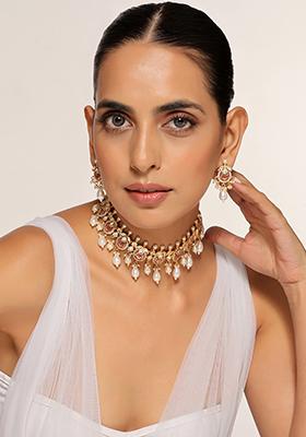 Red Gold Tone Kundan And Pearls Choker Necklace And Earrings Set