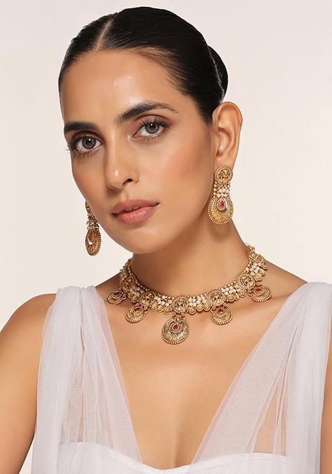 Red Gold Tone Temple Necklace And Earrings Set