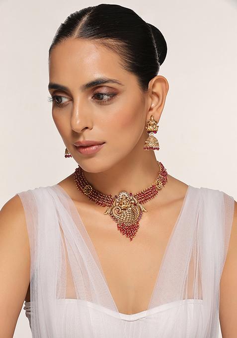 Gold Tone Temple Necklace And Earrings Set