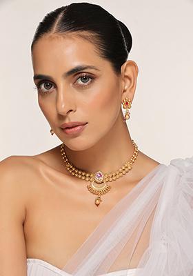 Gold Tone Red Temple Necklace And Earrings Set