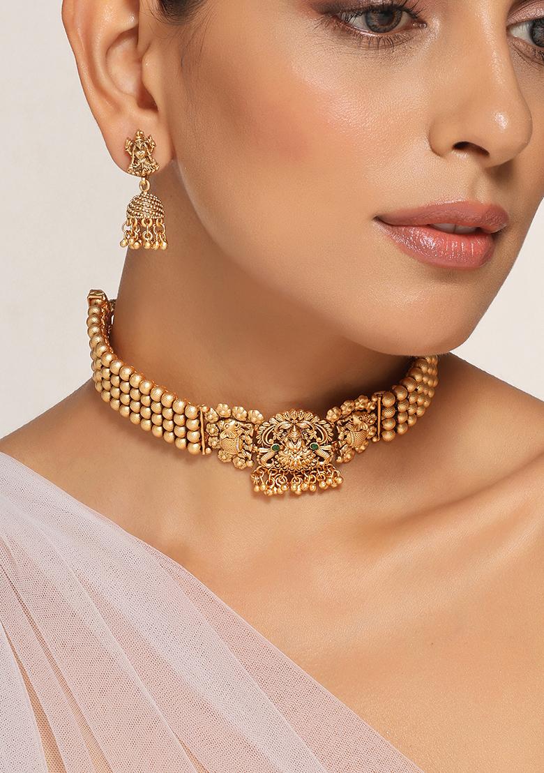 Gold Tone Temple Choker Necklace And Earrings Set