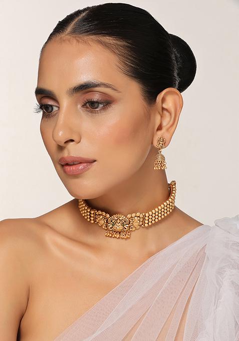Gold Tone Temple Choker Necklace And Earrings Set