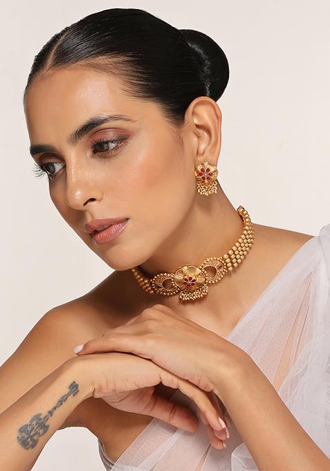 Gold Finish Temple Choker Necklace And Earrings Set