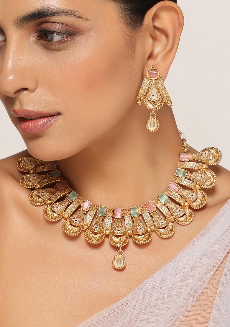 Pastel Green And Pink Gold Tone Temple Necklace And Earrings Set