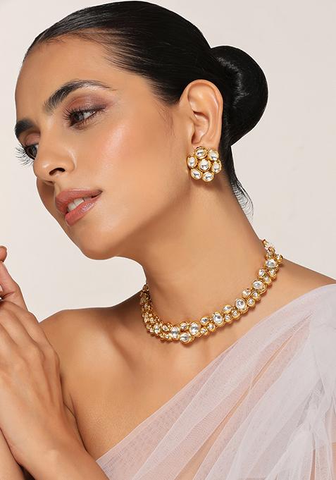 Gold Finish Kundan Choker Necklace And Earrings Set