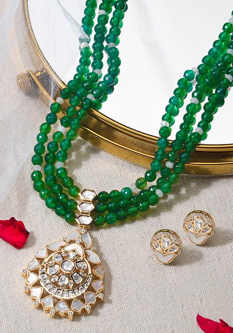 Gold Finish Green Beaded Necklace Set With Stud Earrings