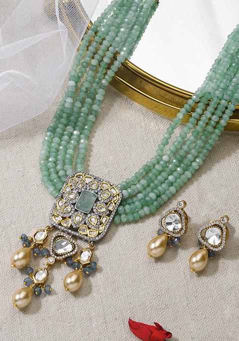 Pastel Green Beaded Necklace Set With Drop Earrings