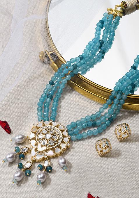 Gold Finish Regal Blue Necklace Set With Earrings
