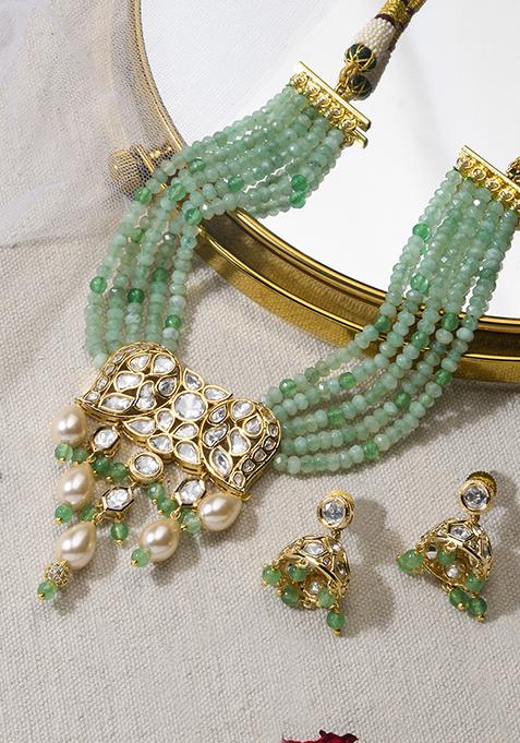 Pastel Green Beaded Gold Finish Necklace Set With Earrings