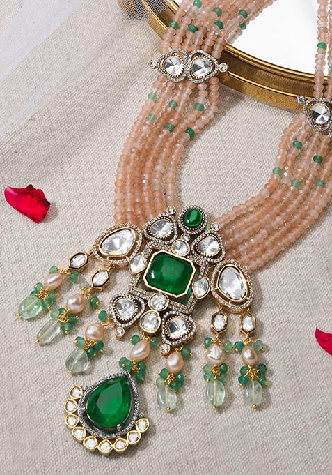 Gold Finish Green Stone Beaded Long Necklace Set With Earrings