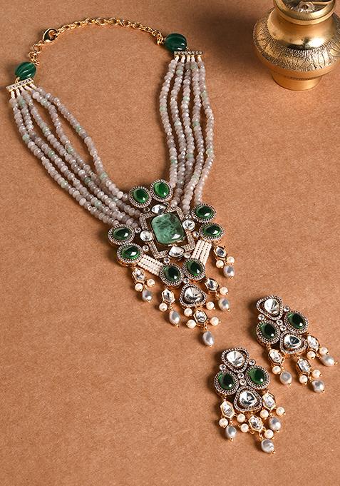 Gold Finish Beaded Green Stone Necklace Set With Earrings