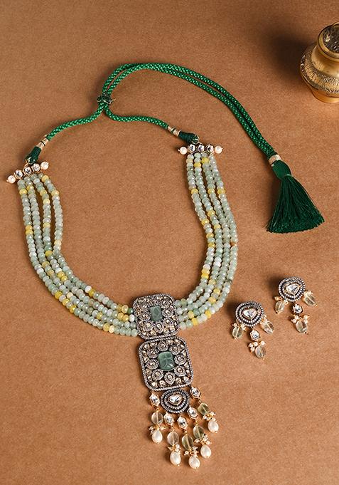 Gold Finish Green Beaded Necklace Set With Drop Earrings
