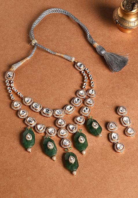 Gold Finish Layered Green Stone Necklace Set With Earrings