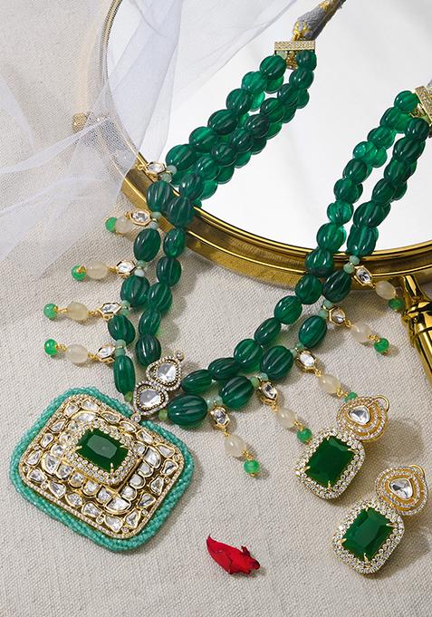 Dark Green Beaded Gold Finish Necklace Set With Earrings