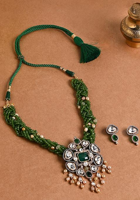 Green Beaded Gold Finish Pendant Necklace Set With Earrings