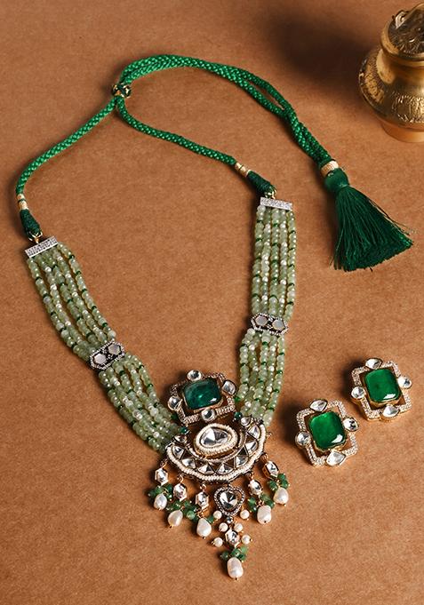 Gold Finish Green Stone Necklace Set With Earrings
