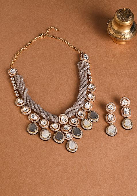 Gold Finish Grey Stone Beaded Necklace Set With Earrings