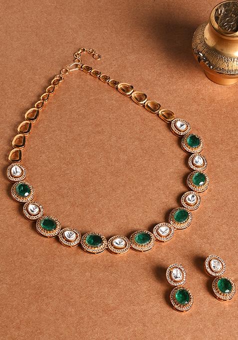 Gold Finish Green Tone Necklace Set With Earrings