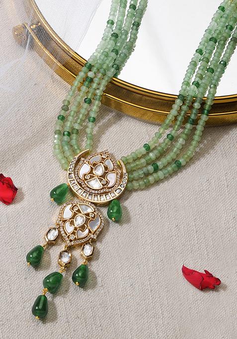 Gold Finish Green Stone Beryllium Necklace Set With Earrings