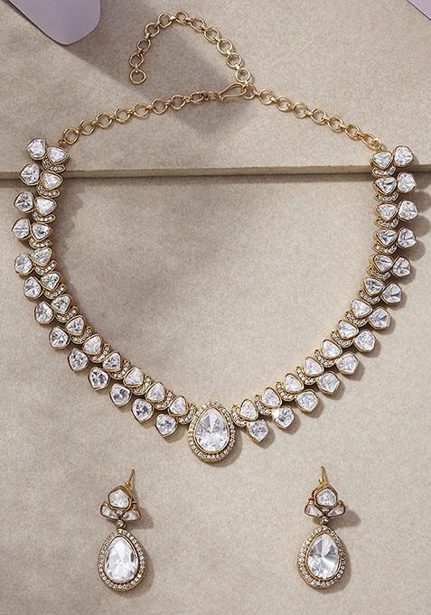 Gold Finish Polki Cubic Zirconia Necklace Set With Earrings