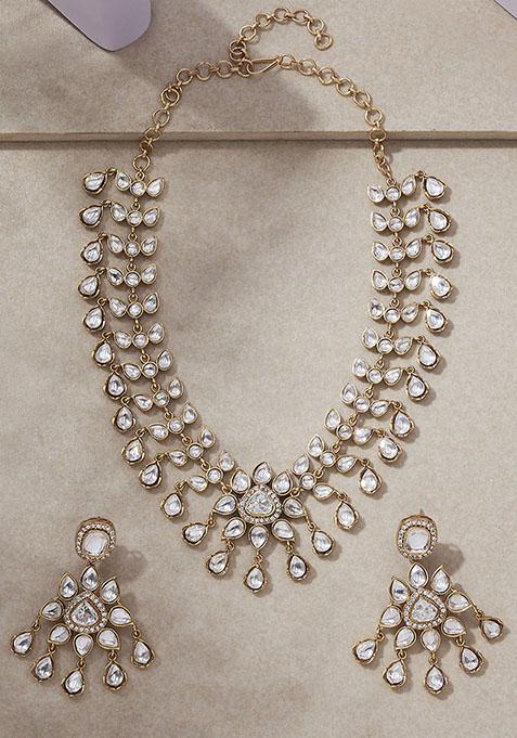 Gold Finish Polki Zirconia Floral Necklace Set With Earrings