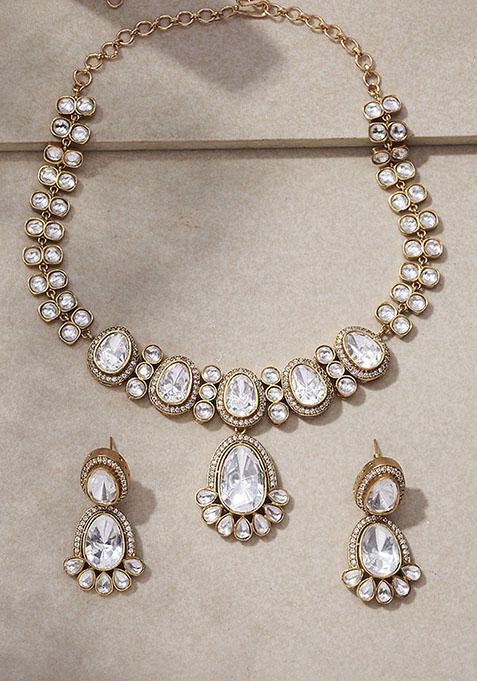 Gold Finish Zirconia Polki Necklace Set With Earrings