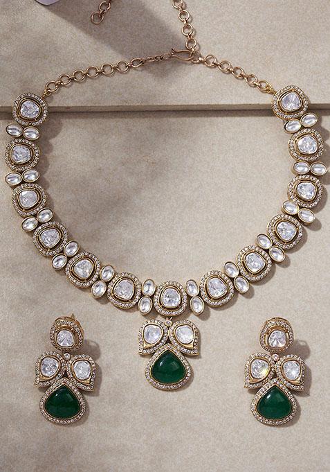 Gold Finish Zirconia Polki Emerald Necklace Set With Earrings