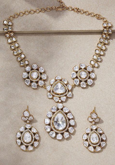 Gold Finish Zirconia Polki Timeless Necklace Set With Earrings