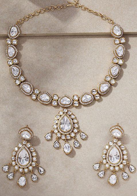 Gold Tone Zirconia Polki Zesty Necklace Set With Earrings