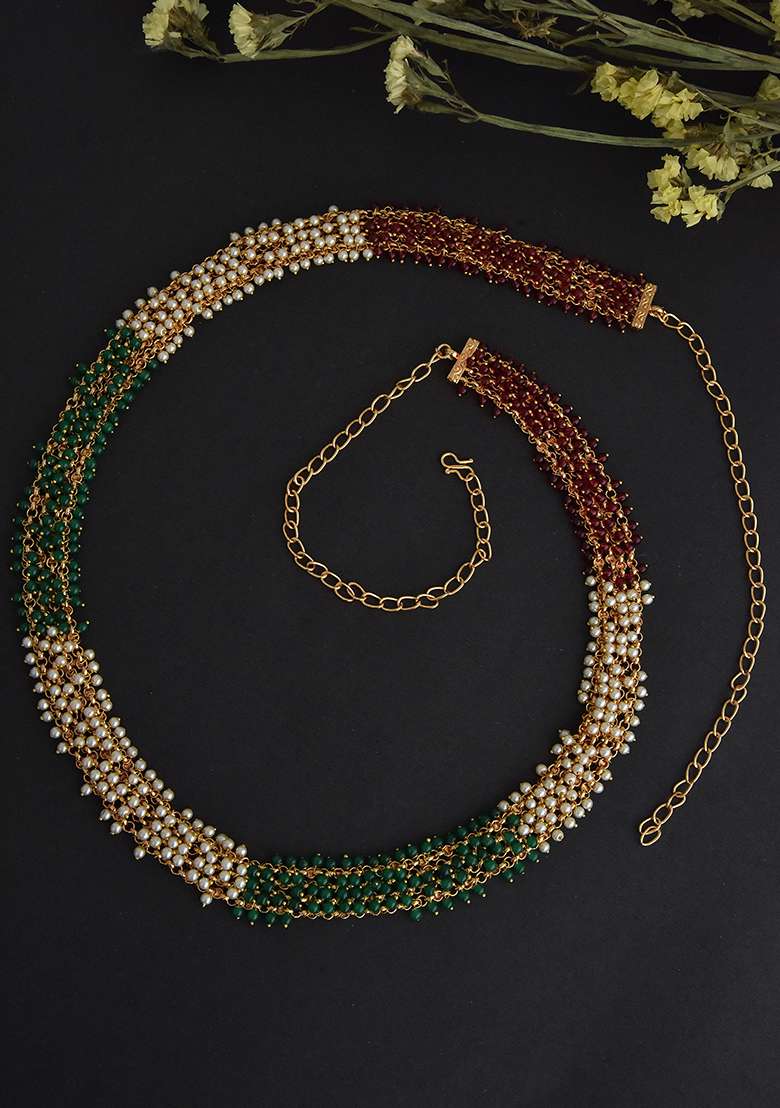 Green And White Gold Tone Waist Belt - Indya