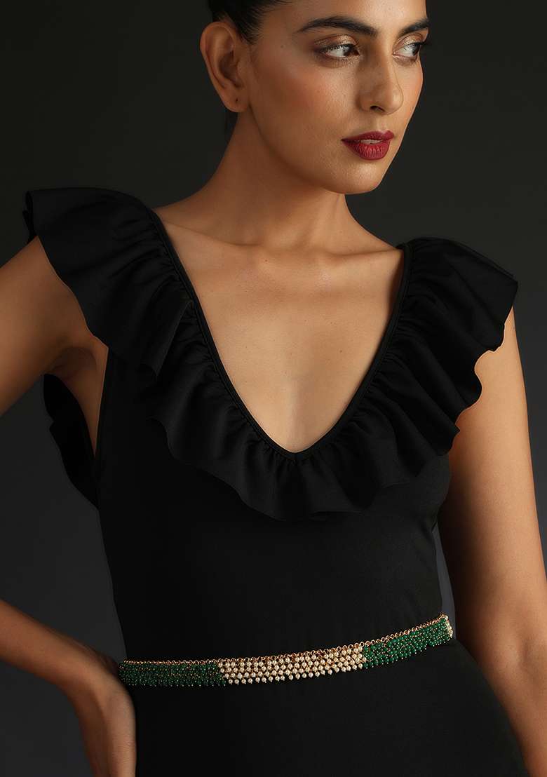 Green And White Gold Tone Waist Belt - Indya
