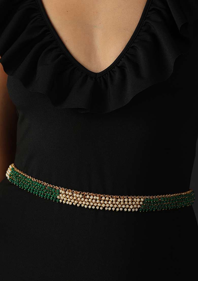 Green And White Gold Tone Waist Belt - Indya