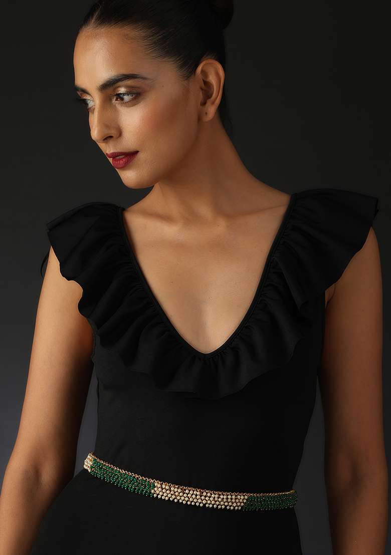 Green And White Gold Tone Waist Belt - Indya