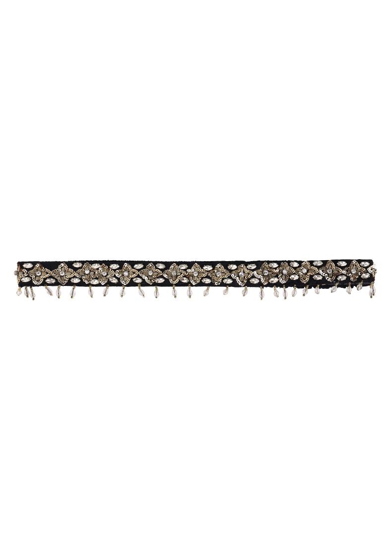 Black And Gold Sequin Embellished Tasselled Belt  - Indya
