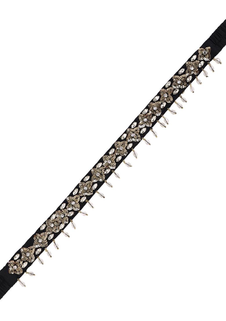 Black And Gold Sequin Embellished Tasselled Belt  - Indya