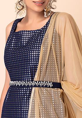 Navy Pearl And Crystal Embellished Belt 