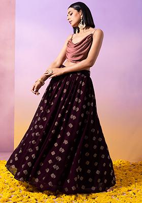 Buy Amber Yellow Skirt And Long Slit Kurti With Jaal Print And Mirror Work  On The Placket Online  Kalki Fashion