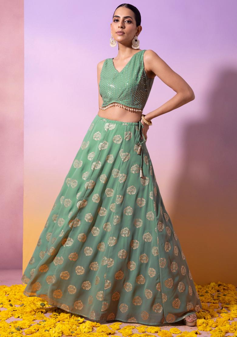 Buy Bottle Green faux georgette sequins embroidery lehenga choli at  fealdeal.com