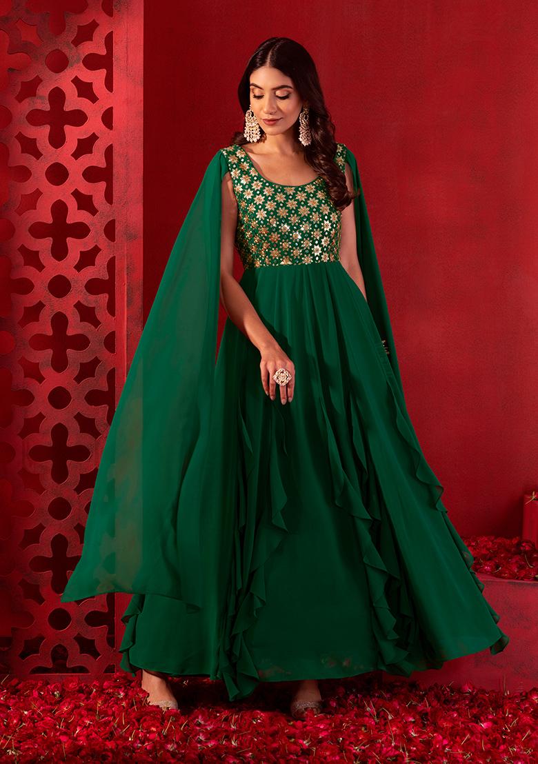 Buy INDYA Women Green & Gold Coloured Embellished Ethnic Maxi Dress With  Attached Shrug - Ethnic Dresses for Women 11001434 | Myntra