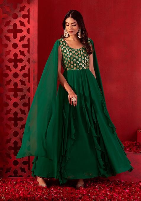 Forest Green Sequin Mirror And Zari Embroidered Gown