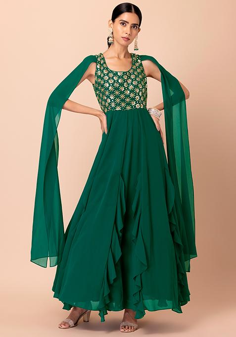 Buy Women Forest Green Sequin Mirror And Zari Embroidered Gown ...