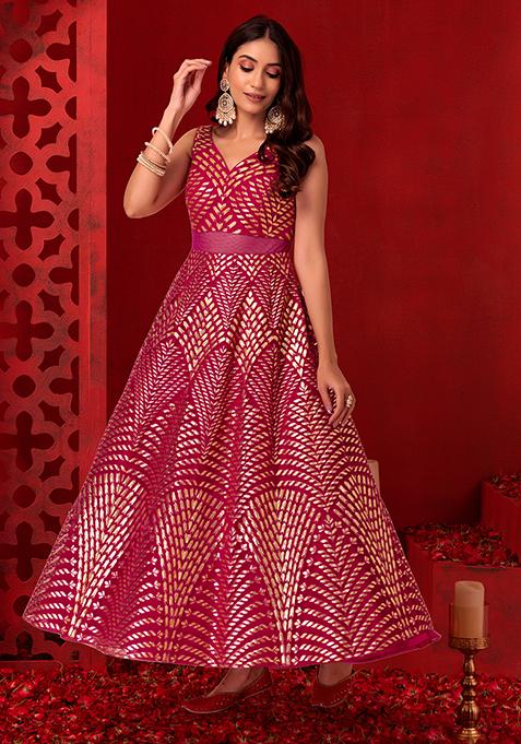 Fuchsia Pink Foil And Thread Embroidered Anarkali Gown