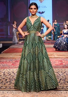 Forest Green Foil And Thread Embroidered Anarkali Gown