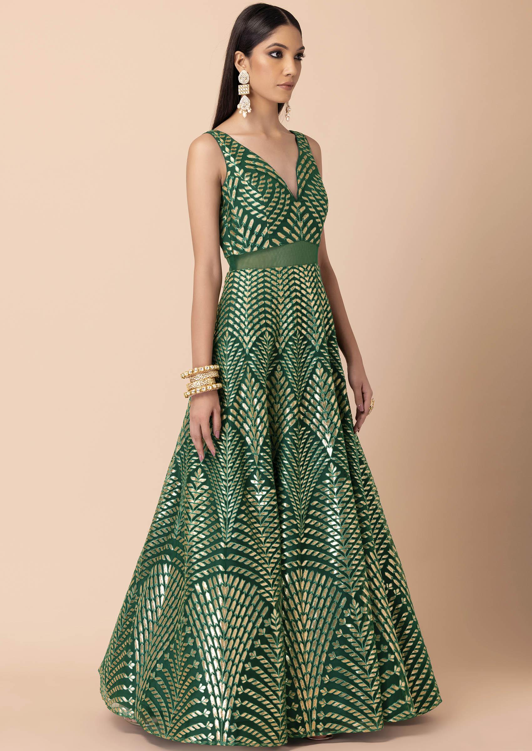Green Color Net Wedding Party Wear Women Anarkali Gown Dress -2908143127 |  Heenastyle