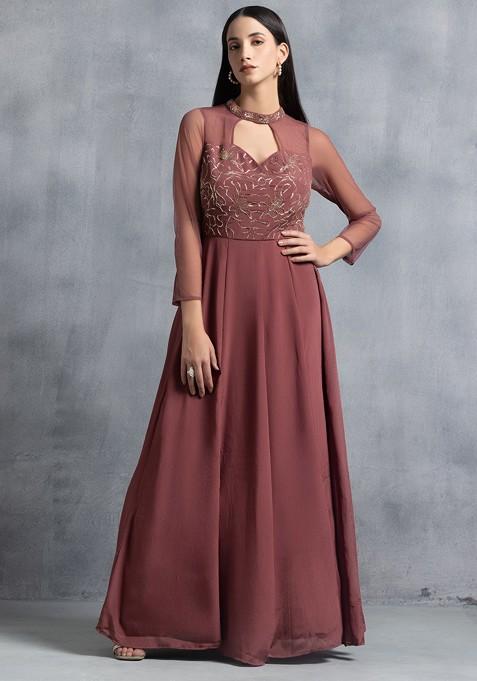 Dusty Pink Hand Embroidered Halter Neck Gown