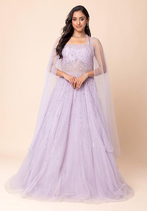 Lilac Sequin And Bead Embellished Mesh Gown